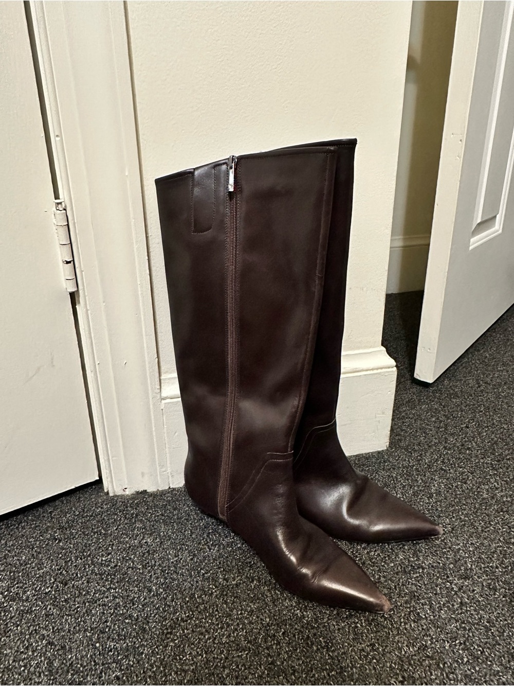 Women’s Tall Pointed-Toe Leather Boots in Dark Brown